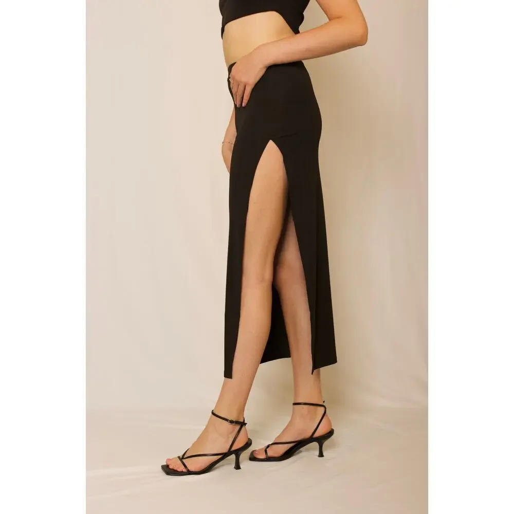 Julianne Bartolotta Black Side Slit Crop Tank Top Midi 2 Piece Skirt Set Size S